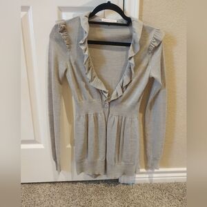 Rebecca Taylor taupe wool Alpaca knit ruffle neck academia cardigan